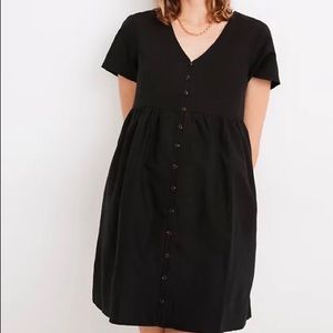 Black linen-blend button front dress